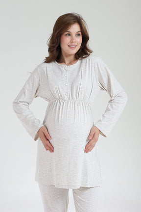 Crew-Neck 3-Piece Maternity-Nursing Pajama & Knitwear Robe Set Beige - 1002