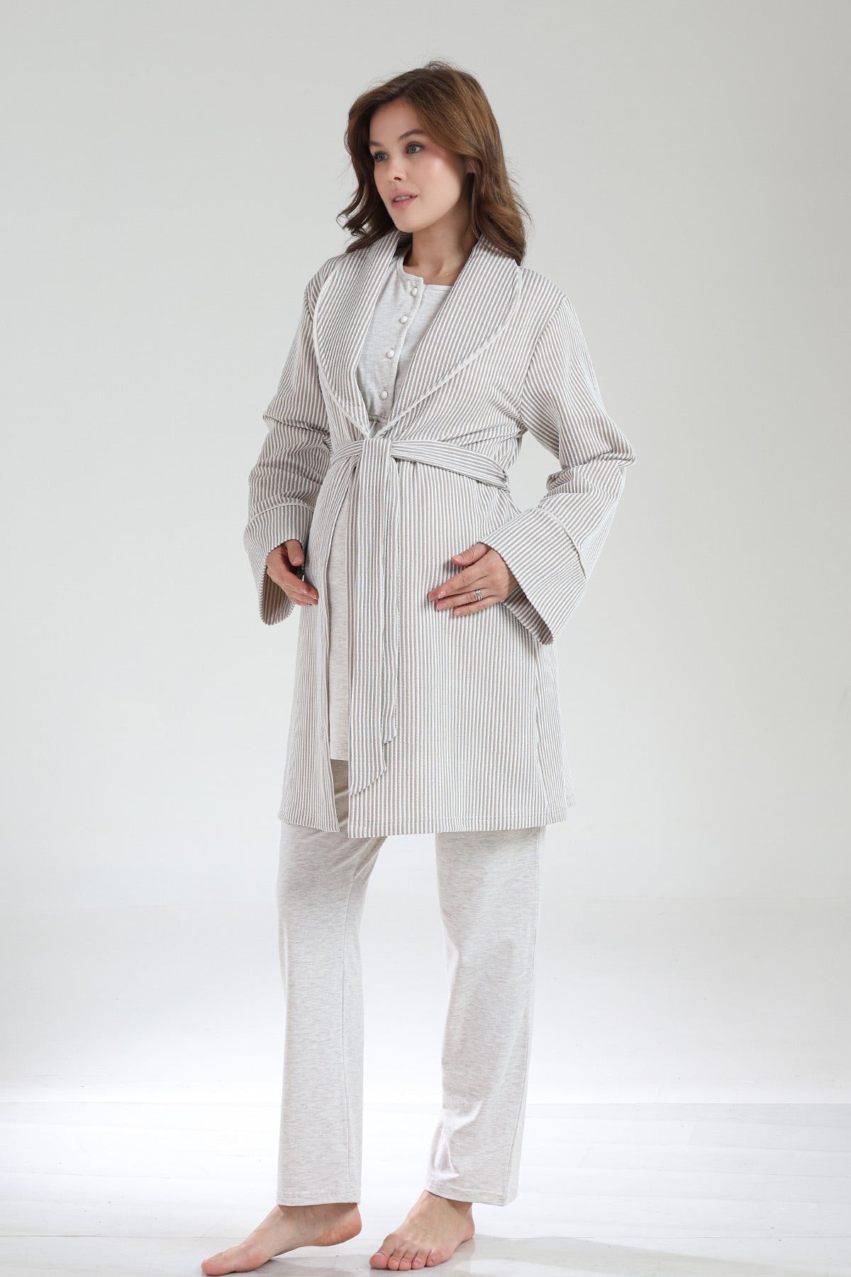 Crew-Neck 3-Piece Maternity-Nursing Pajama & Knitwear Robe Set Beige - 1002