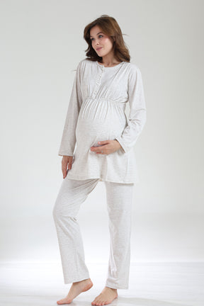 Crew-Neck 3-Piece Maternity-Nursing Pajama & Knitwear Robe Set Beige - 1002