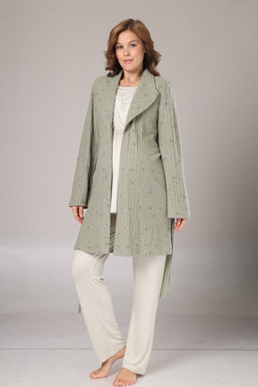 Lacy Double Breasted 3-Piece Maternity-Nursing Pajama & Patterned Robe Set Green - 1003