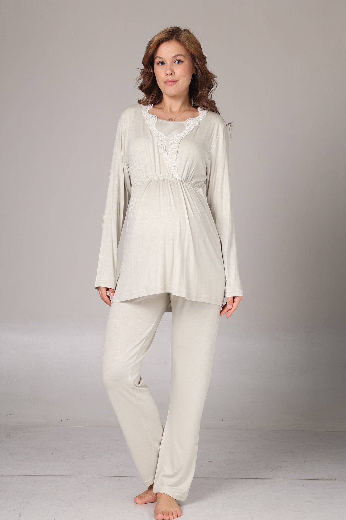 Lacy Double Breasted 3-Piece Maternity-Nursing Pajama & Patterned Robe Set Green - 1003