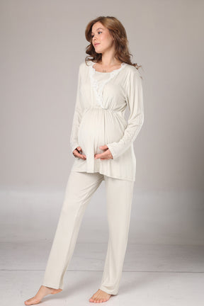Lacy Double Breasted 3-Piece Maternity-Nursing Pajama & Patterned Robe Set Green - 1003