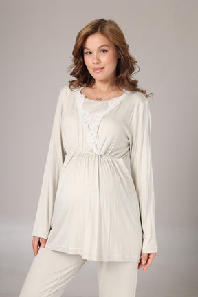 Lacy Double Breasted 3-Piece Maternity-Nursing Pajama & Patterned Robe Set Green - 1003
