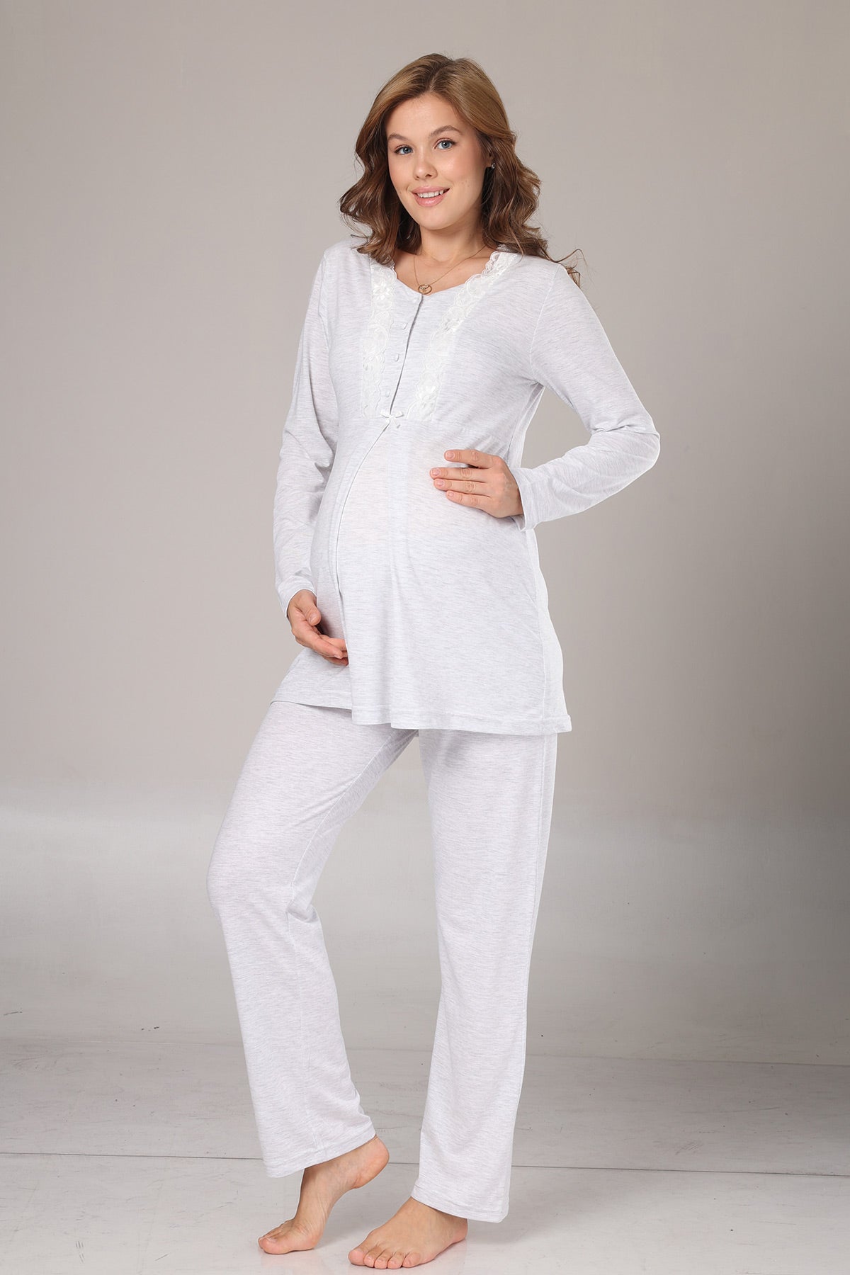Lace Collar 3-Piece Maternity-Nursing Pajama & Melange Robe Set Grey - 1004