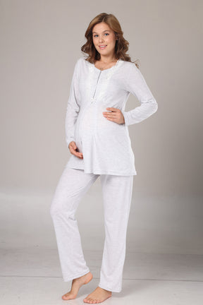 Lace Collar 3-Piece Maternity-Nursing Pajama & Melange Robe Set Grey - 1004