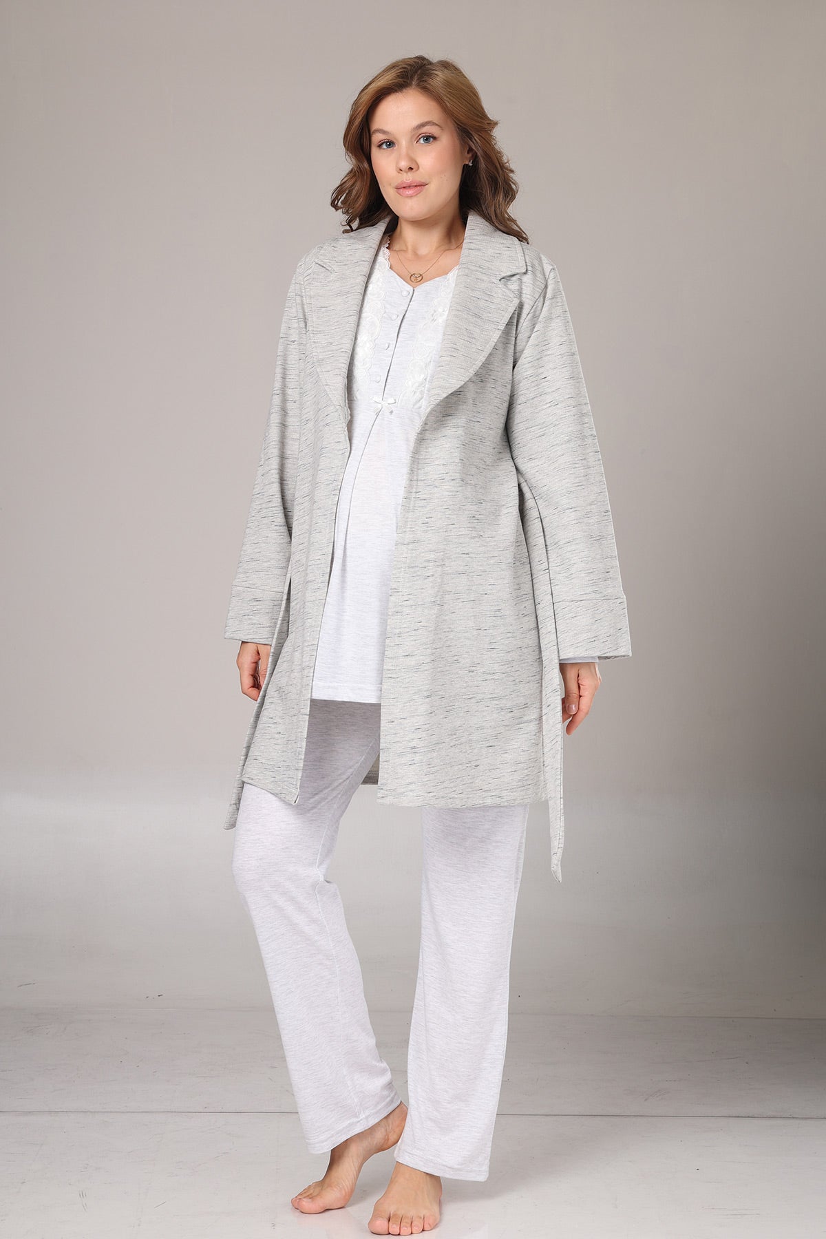 Lace Collar 3-Piece Maternity-Nursing Pajama & Melange Robe Set Grey - 1004