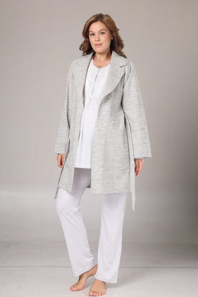 Lace Collar 3-Piece Maternity-Nursing Pajama & Melange Robe Set Grey - 1004