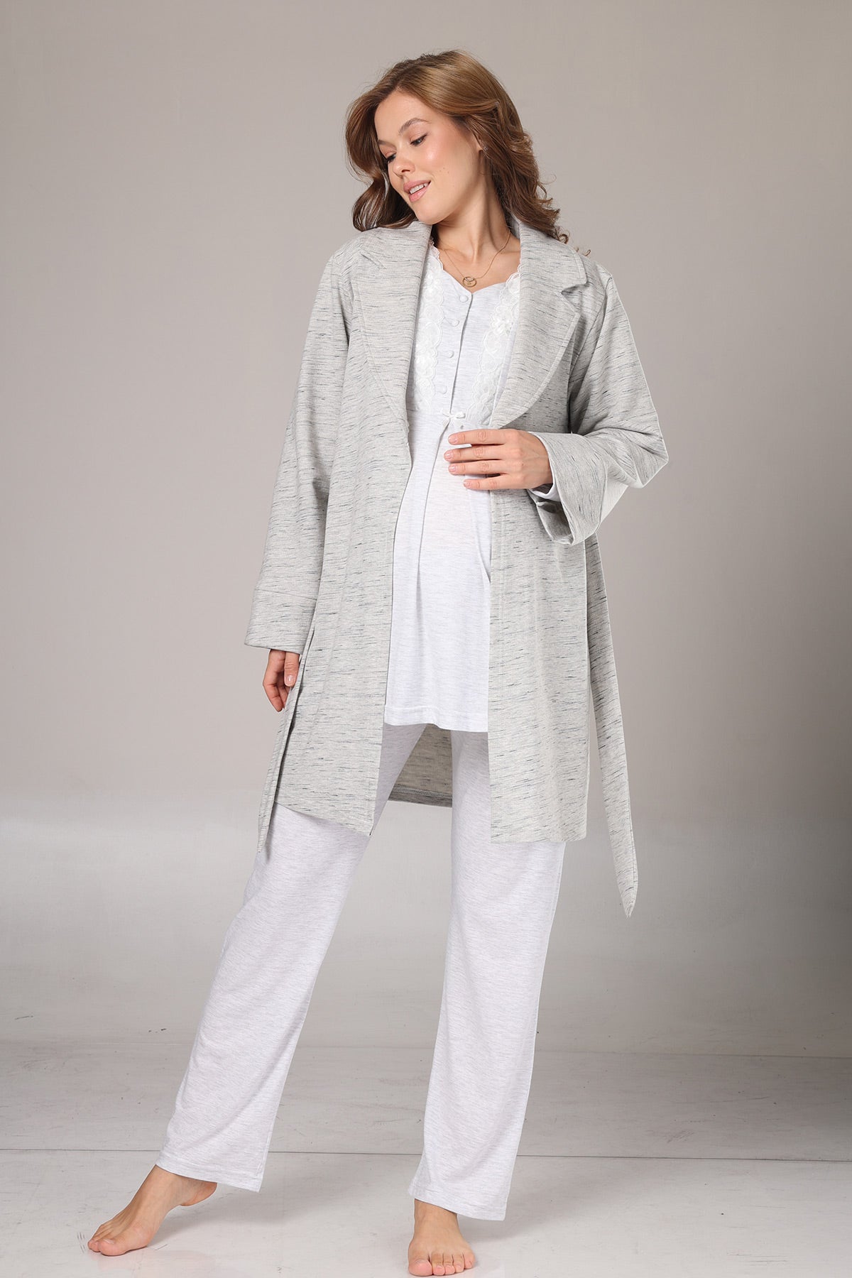 Lace Collar 3-Piece Maternity-Nursing Pajama & Melange Robe Set Grey - 1004