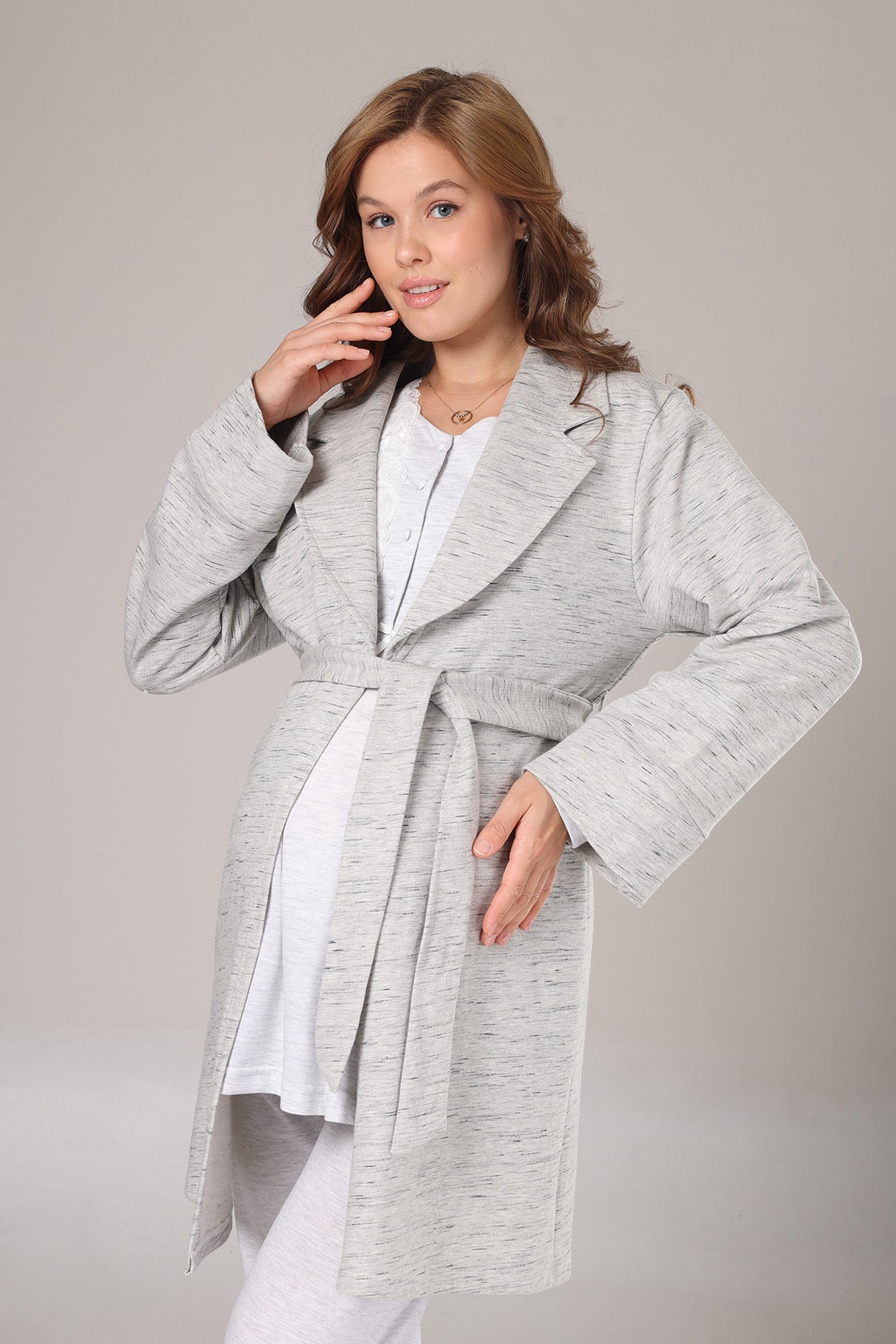 Lace Collar 3-Piece Maternity-Nursing Pajama & Melange Robe Set Grey - 1004