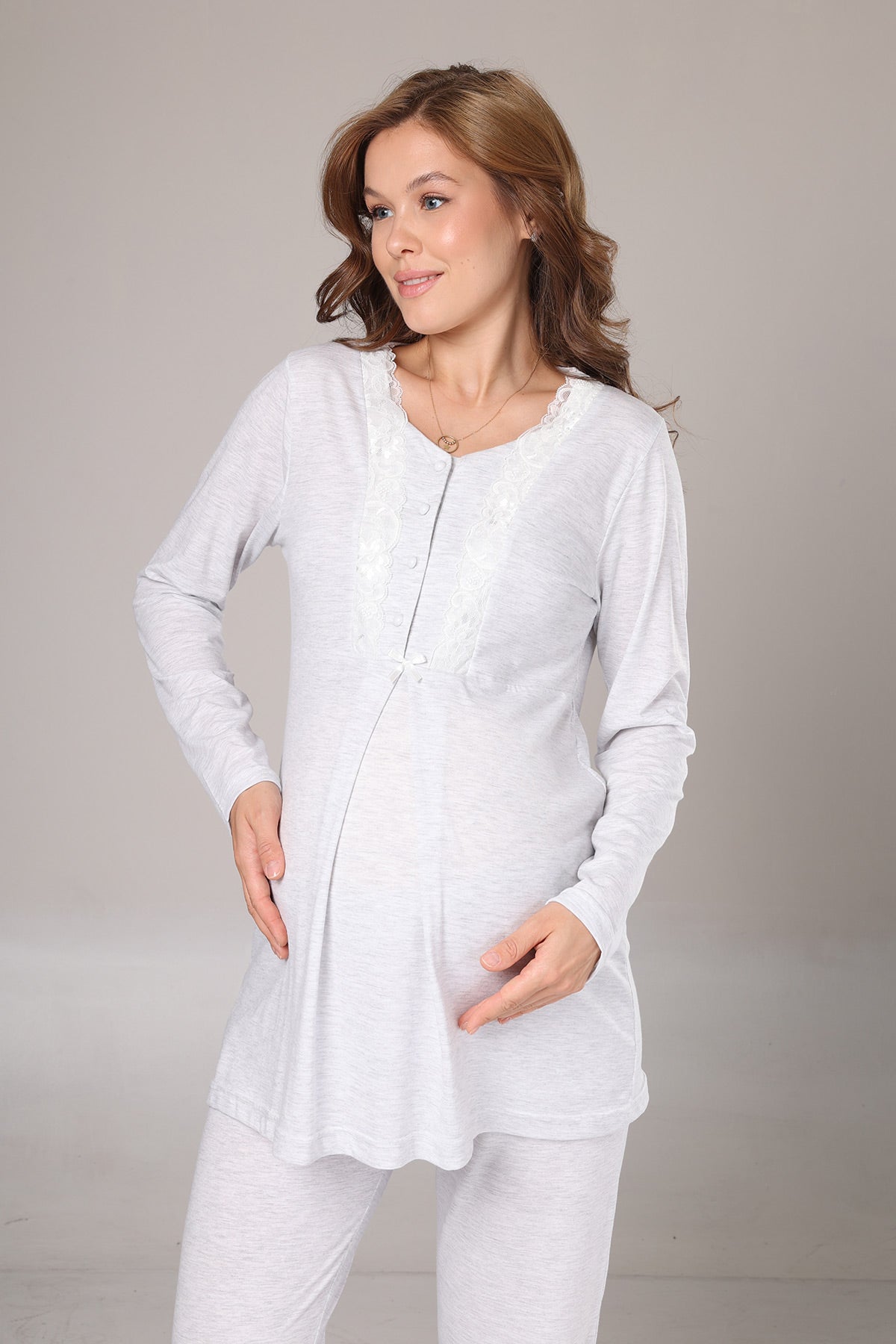 Lace Collar 3-Piece Maternity-Nursing Pajama & Melange Robe Set Grey - 1004