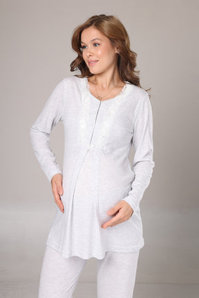 Lace Collar 3-Piece Maternity-Nursing Pajama & Melange Robe Set Grey - 1004