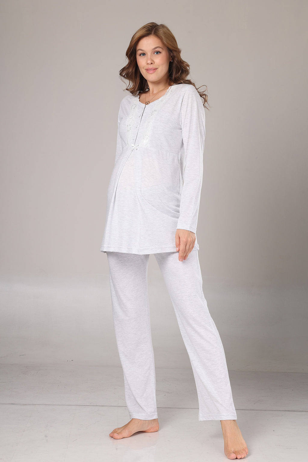 Lace Collar 3-Piece Maternity-Nursing Pajama & Melange Robe Set Grey - 1004