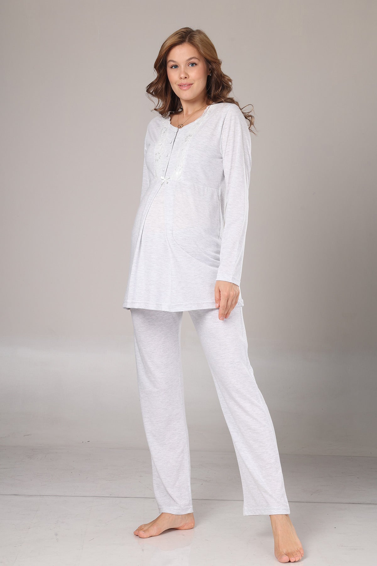 Lace Collar 3-Piece Maternity-Nursing Pajama & Melange Robe Set Grey - 1004