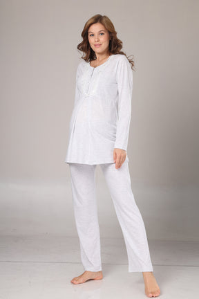 Lace Collar 3-Piece Maternity-Nursing Pajama & Melange Robe Set Grey - 1004