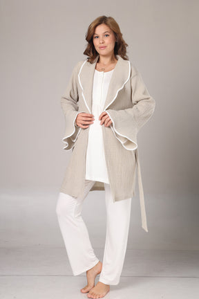 Guipure Collar 3-Piece Maternity-Nursing Pajama & Crepe Robe Set Beige - 1005