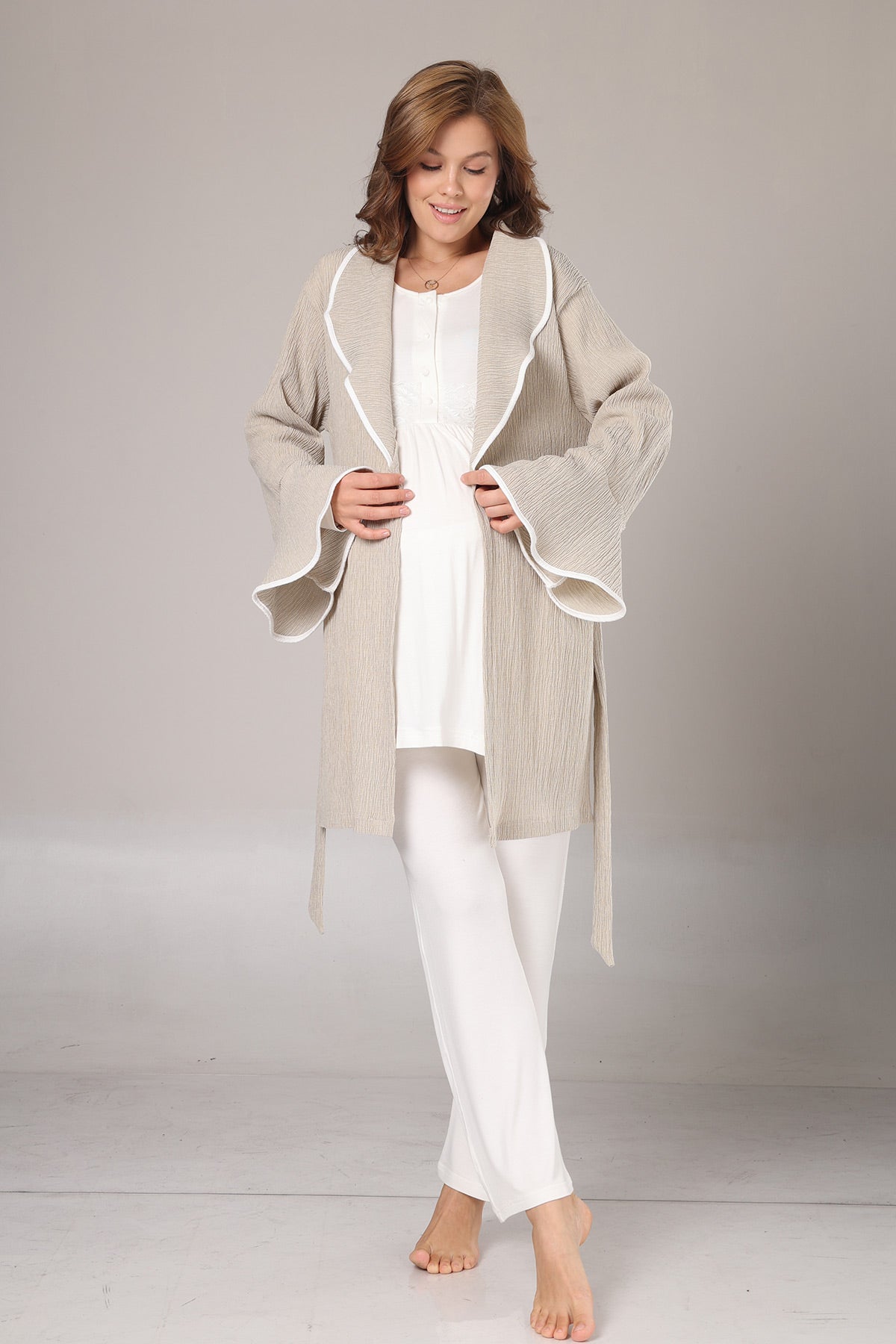 Guipure Collar 3-Piece Maternity-Nursing Pajama & Crepe Robe Set Beige - 1005
