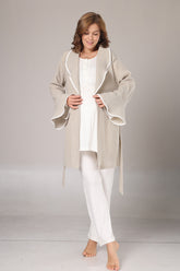 Guipure Collar 3-Piece Maternity-Nursing Pajama & Crepe Robe Set Beige - 1005