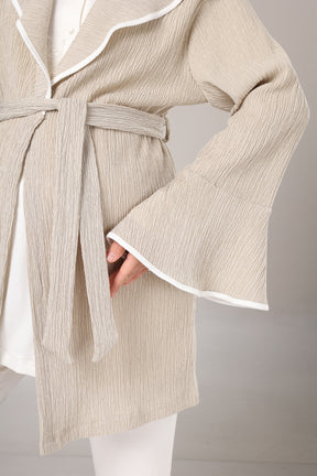 Guipure Collar 3-Piece Maternity-Nursing Pajama & Crepe Robe Set Beige - 1005