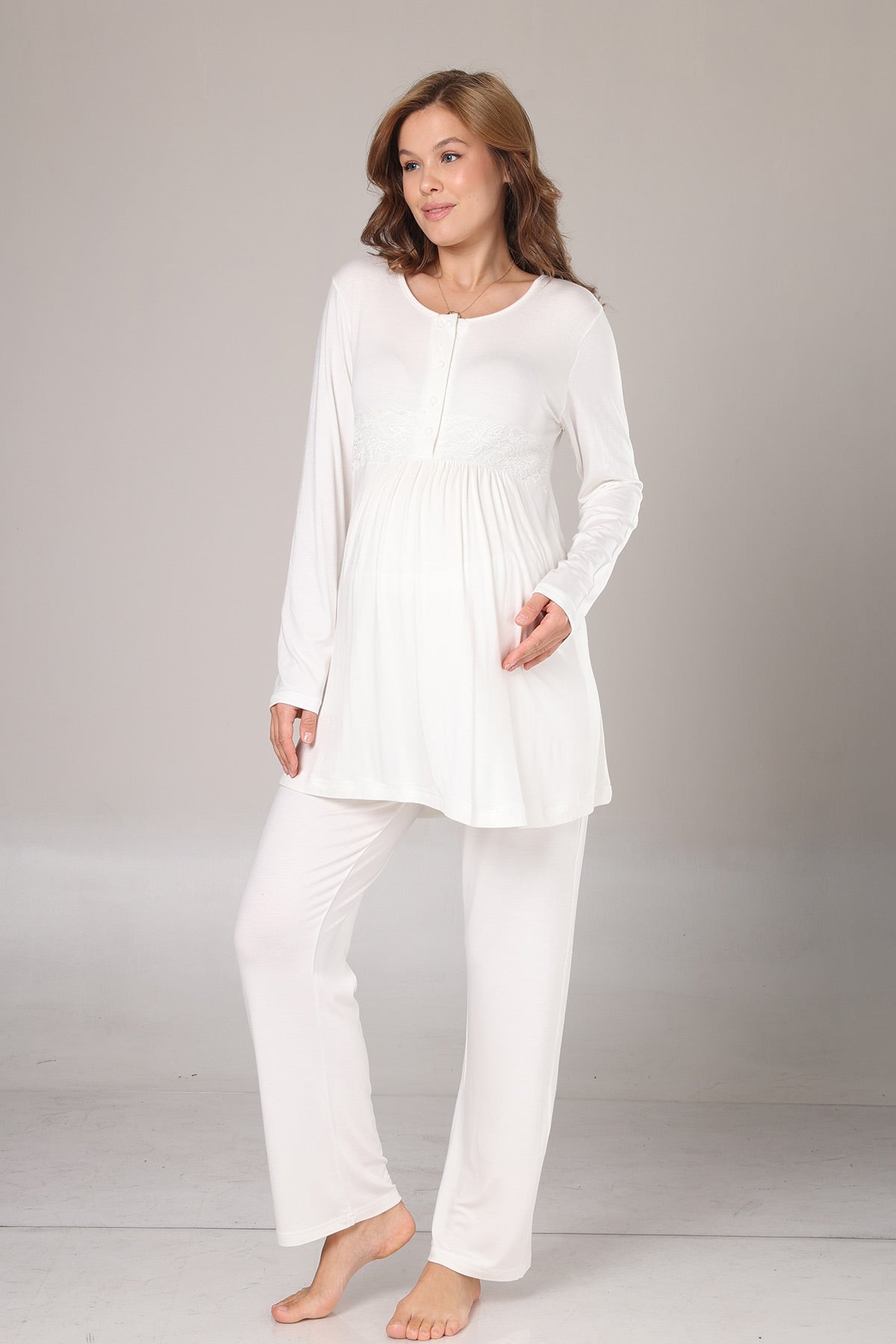 Guipure Collar 3-Piece Maternity-Nursing Pajama & Crepe Robe Set Beige - 1005