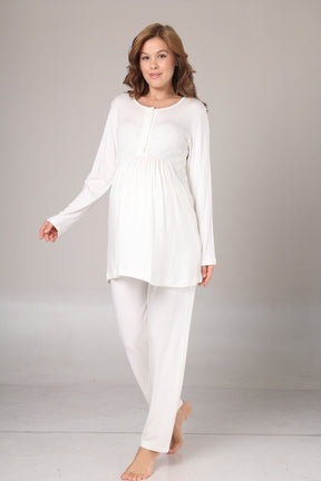 Guipure Collar 3-Piece Maternity-Nursing Pajama & Crepe Robe Set Beige - 1005