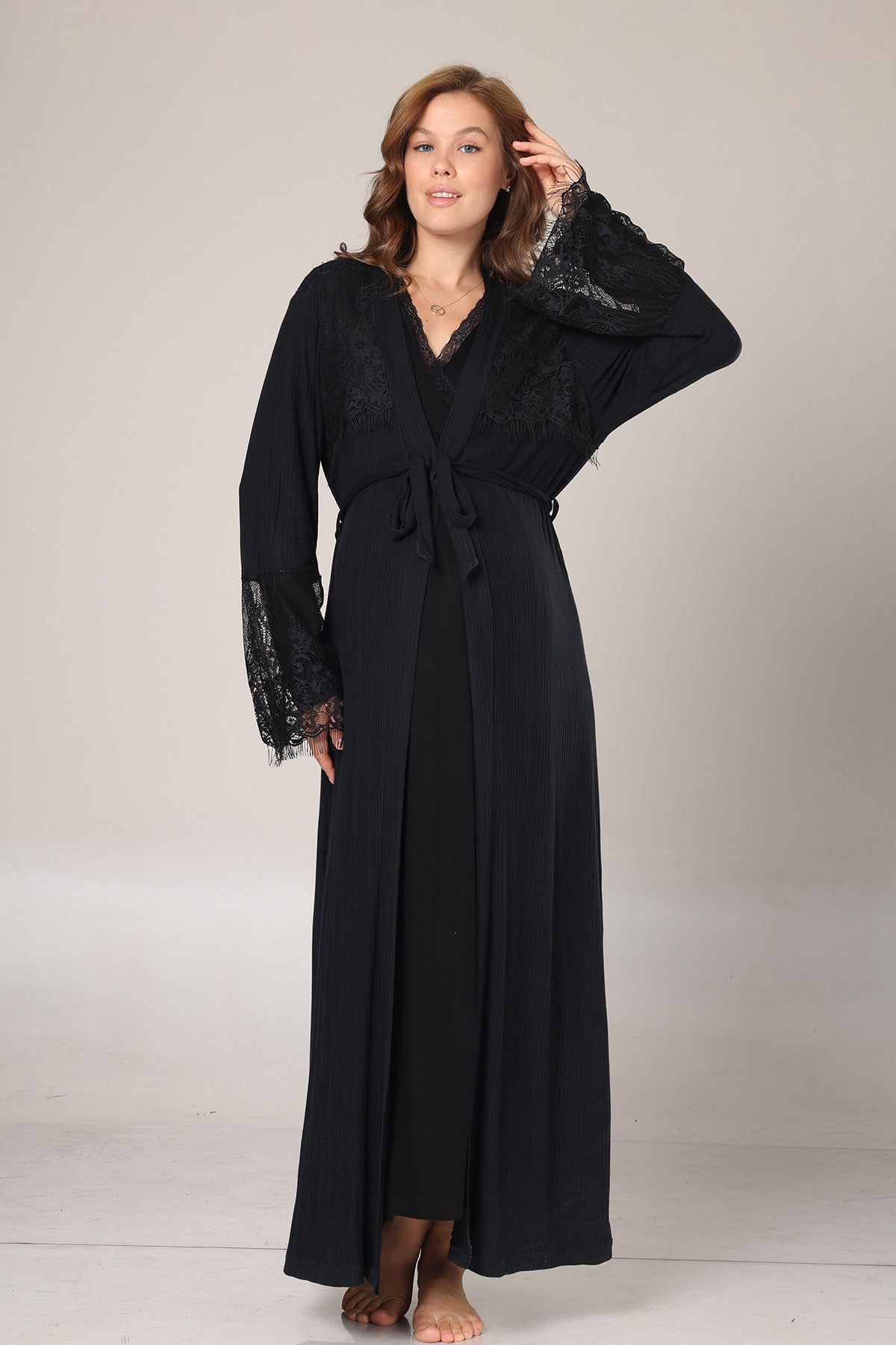 Lace Collar Maternity-Nursing Nightgown & Lace Sleeve Robe Set Black - 1006