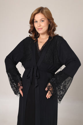 Lace Collar Maternity-Nursing Nightgown & Lace Sleeve Robe Set Black - 1006