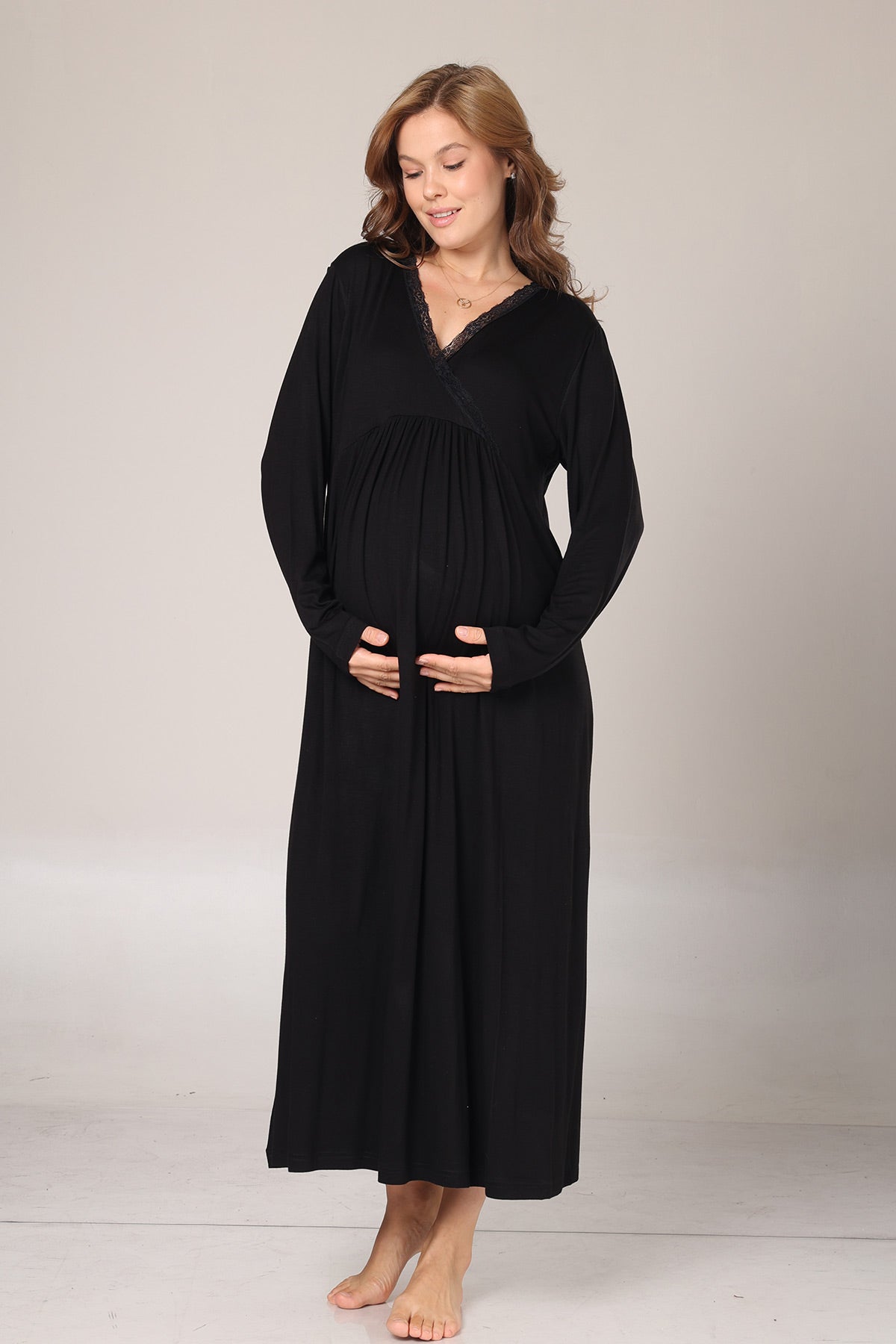 Lace Collar Maternity-Nursing Nightgown & Lace Sleeve Robe Set Black - 1006