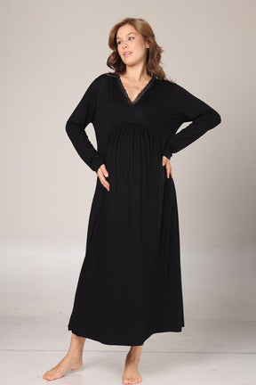 Lace Collar Maternity-Nursing Nightgown & Lace Sleeve Robe Set Black - 1006