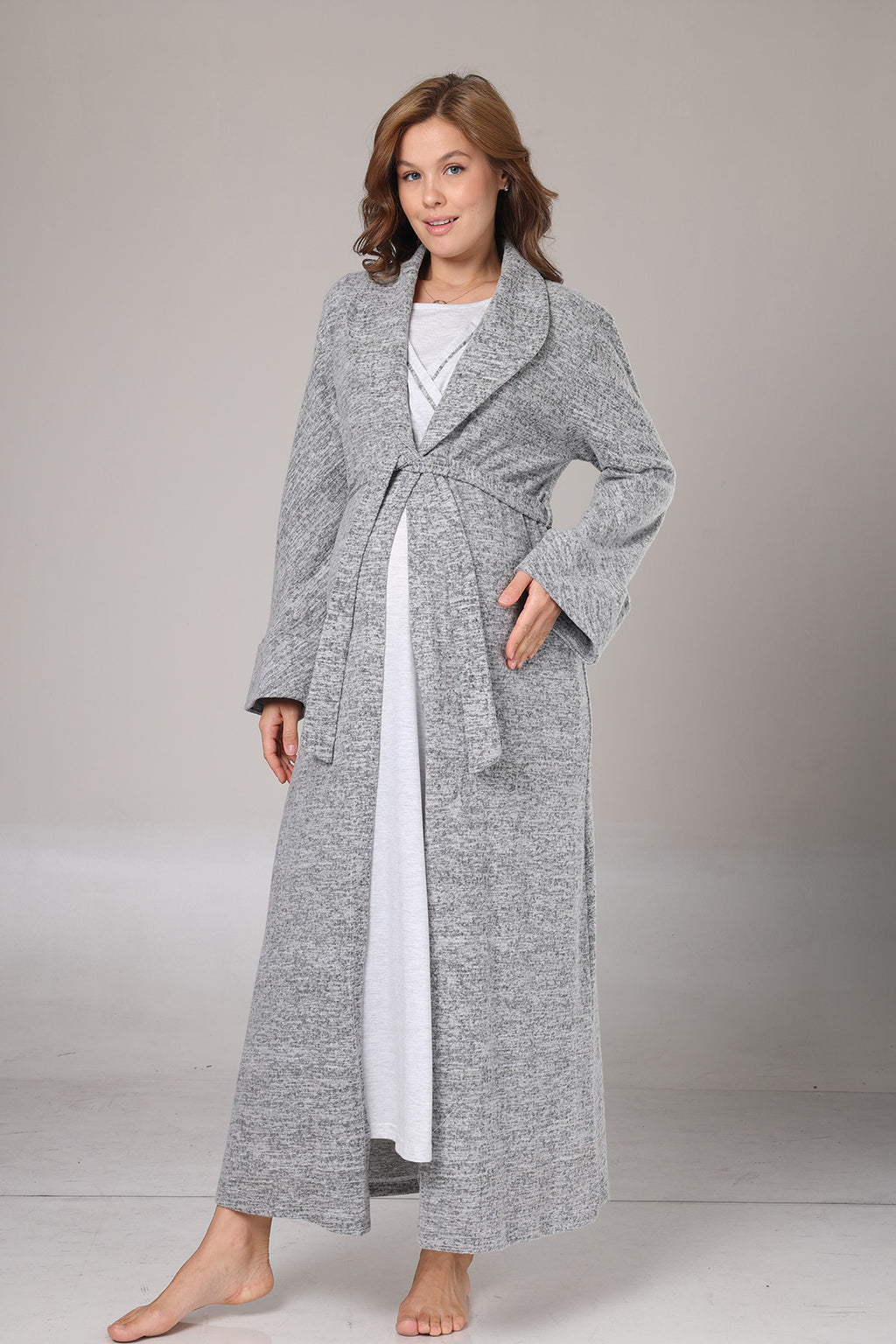Double Breasted Maternity-Nursing Nightgown & Polar Robe Set Grey - 1007