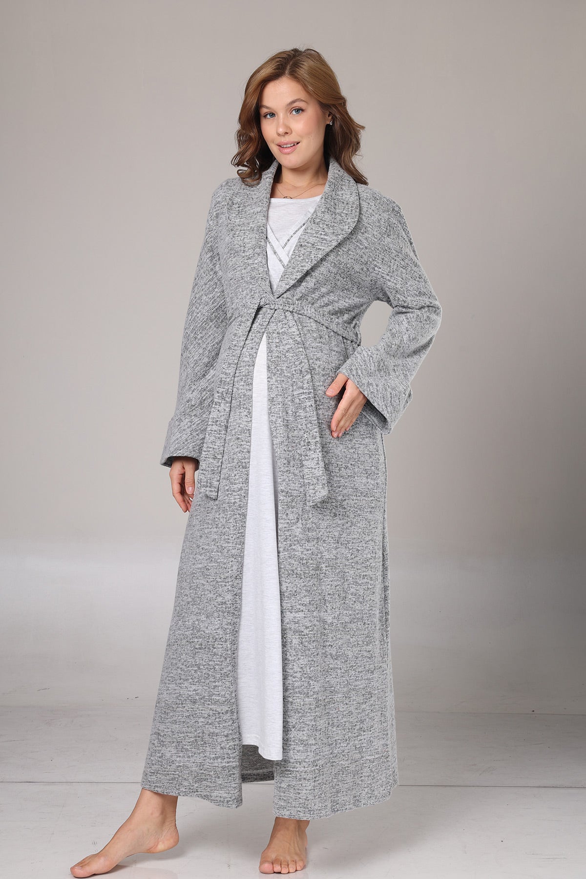 Double Breasted Maternity-Nursing Nightgown & Polar Robe Set Grey - 1007