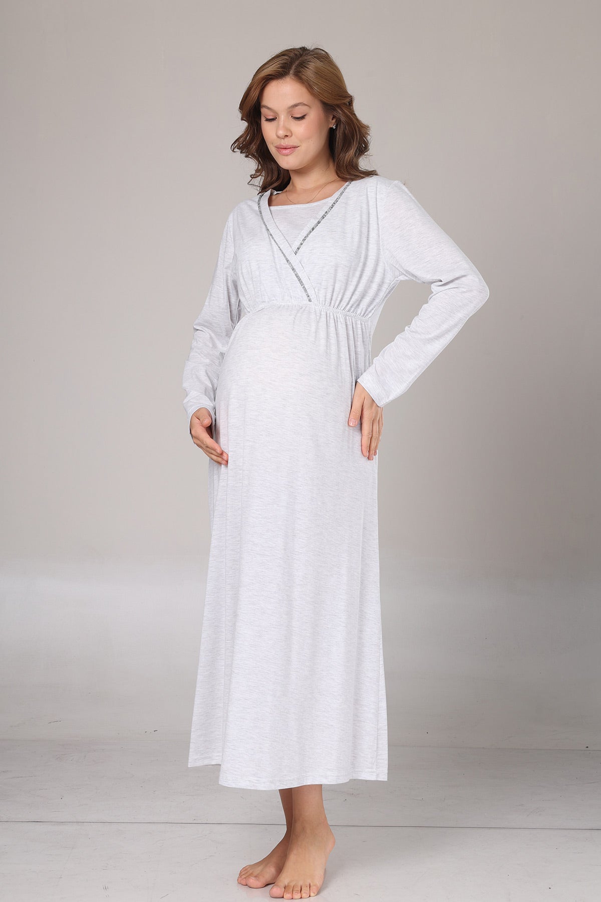 Double Breasted Maternity-Nursing Nightgown & Polar Robe Set Grey - 1007