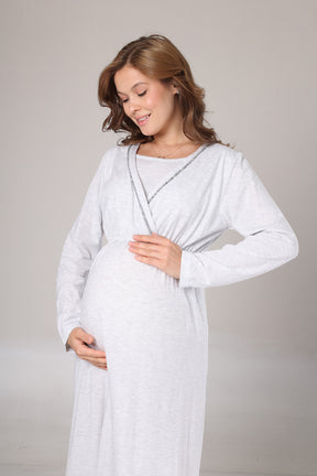 Double Breasted Maternity-Nursing Nightgown & Polar Robe Set Grey - 1007