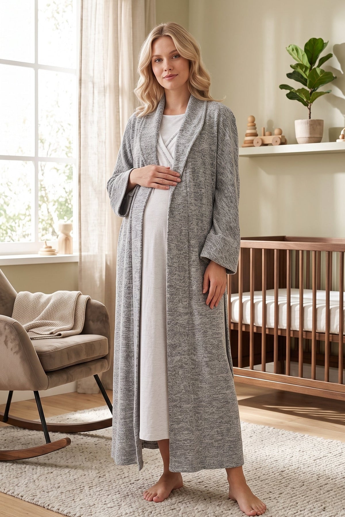 Wrap Maternity Feeding-Friendly Nightgown & Polar Robe Set Grey - L1007