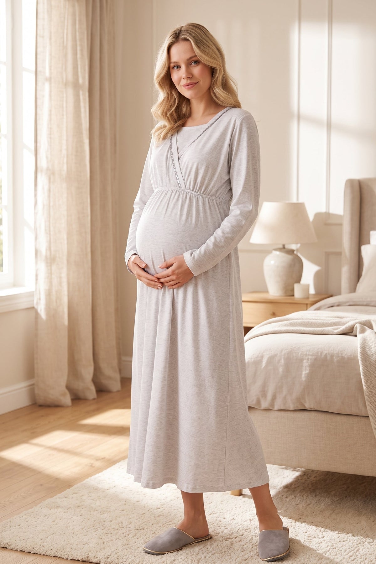 Wrap Maternity Feeding-Friendly Nightgown & Polar Robe Set Grey - L1007