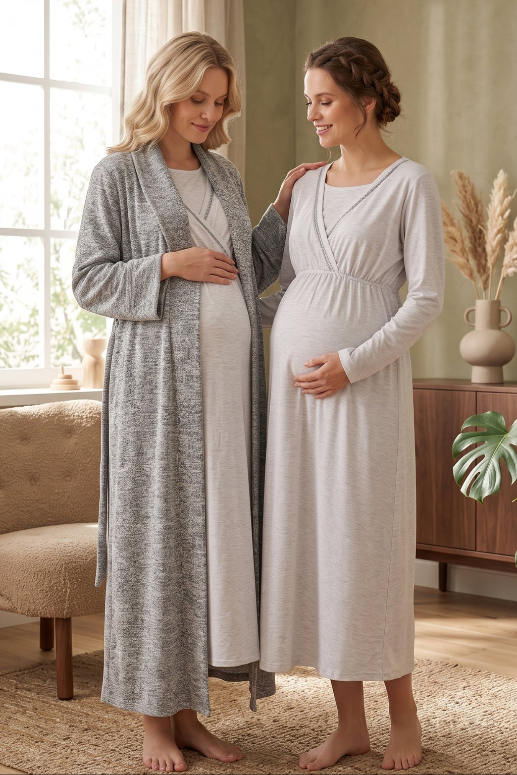 Wrap Maternity Feeding-Friendly Nightgown & Polar Robe Set Grey - L1007