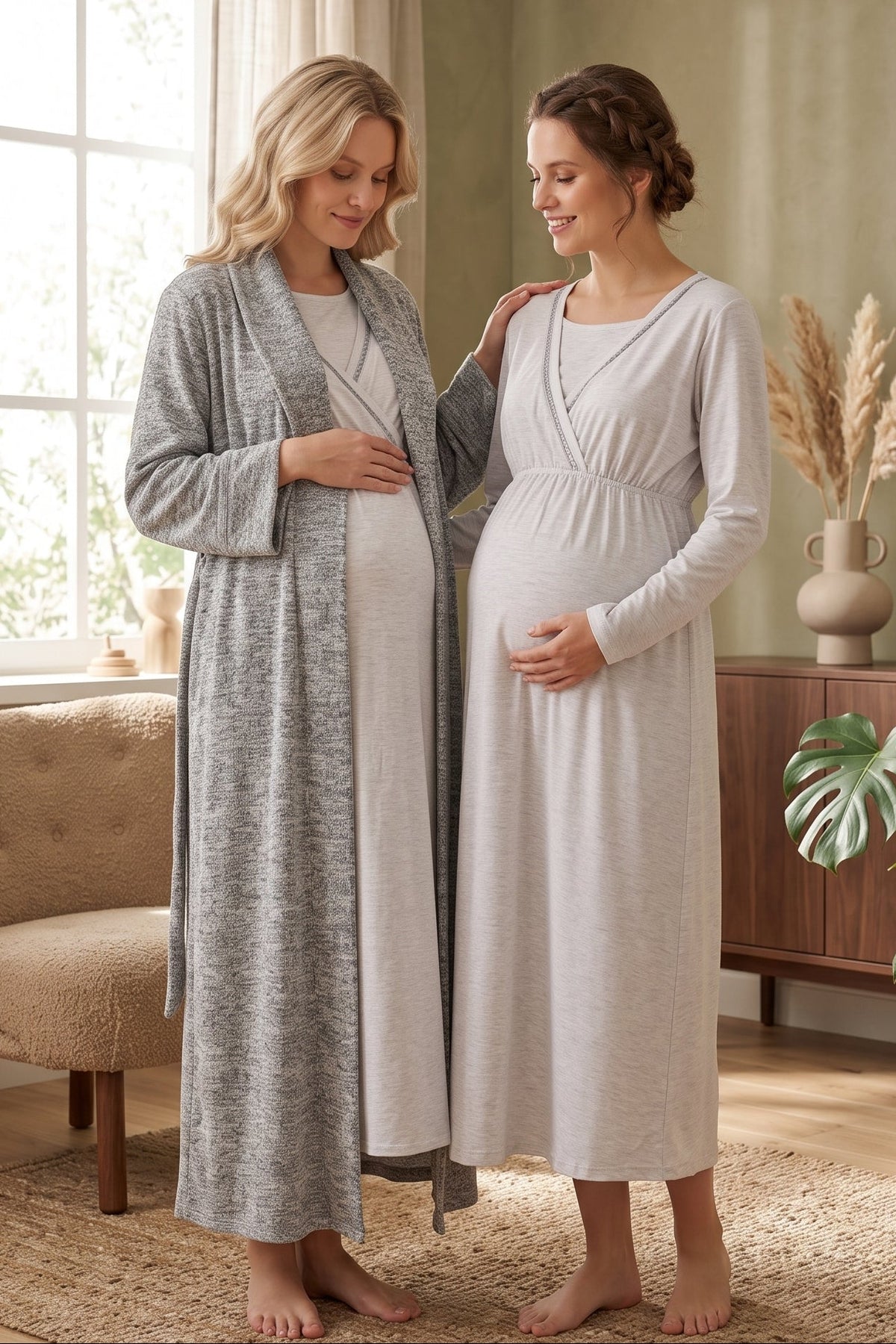 Wrap Maternity Feeding-Friendly Nightgown & Polar Robe Set Grey - L1007