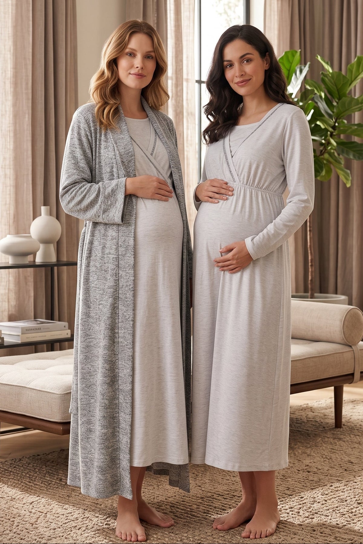Wrap Maternity Feeding-Friendly Nightgown & Polar Robe Set Grey - L1007