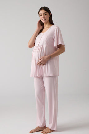 Tulle Collar Maternity & Nursing Pajama Set Powder - 1008