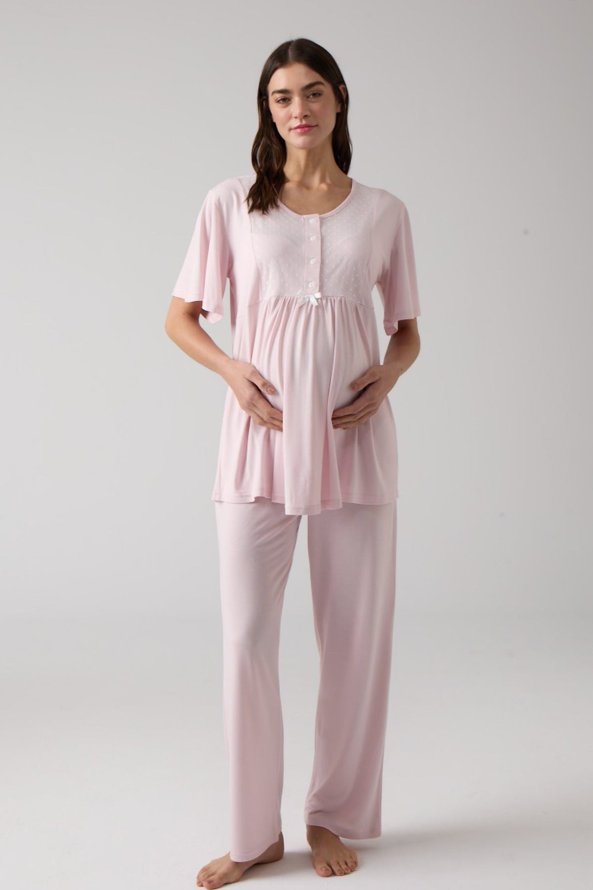 Tulle Collar Maternity & Nursing Pajama Set Powder - 1008