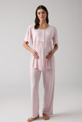 Tulle Collar Maternity & Nursing Pajama Set Powder - 1008