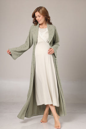 Lacy Double Breasted Maternity-Nursing Nightgown & Patterned Robe Set Green - 1009