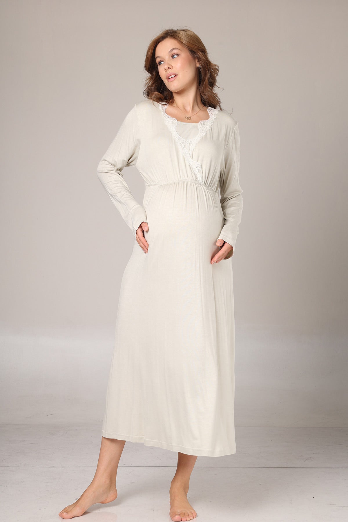 Lacy Double Breasted Maternity-Nursing Nightgown & Patterned Robe Set Green - 1009