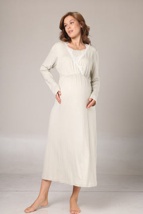 Lacy Double Breasted Maternity-Nursing Nightgown & Patterned Robe Set Green - 1009