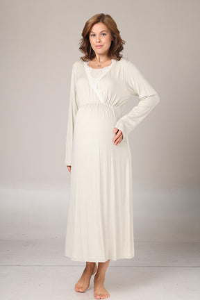 Lacy Double Breasted Maternity-Nursing Nightgown & Patterned Robe Set Green - 1009