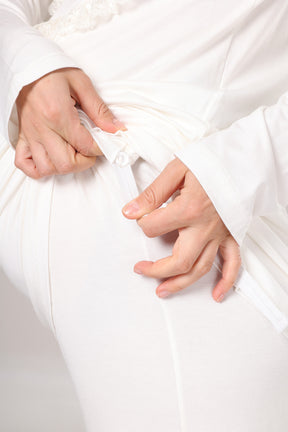 Lace Detailed 3-Piece Maternity-Nursing Pajama & Jacquard Robe Set Ecru - 1010