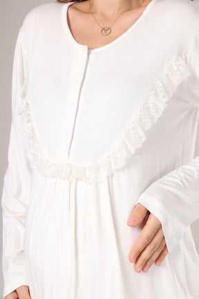 Lace Detailed 3-Piece Maternity-Nursing Pajama & Jacquard Robe Set Ecru - 1010