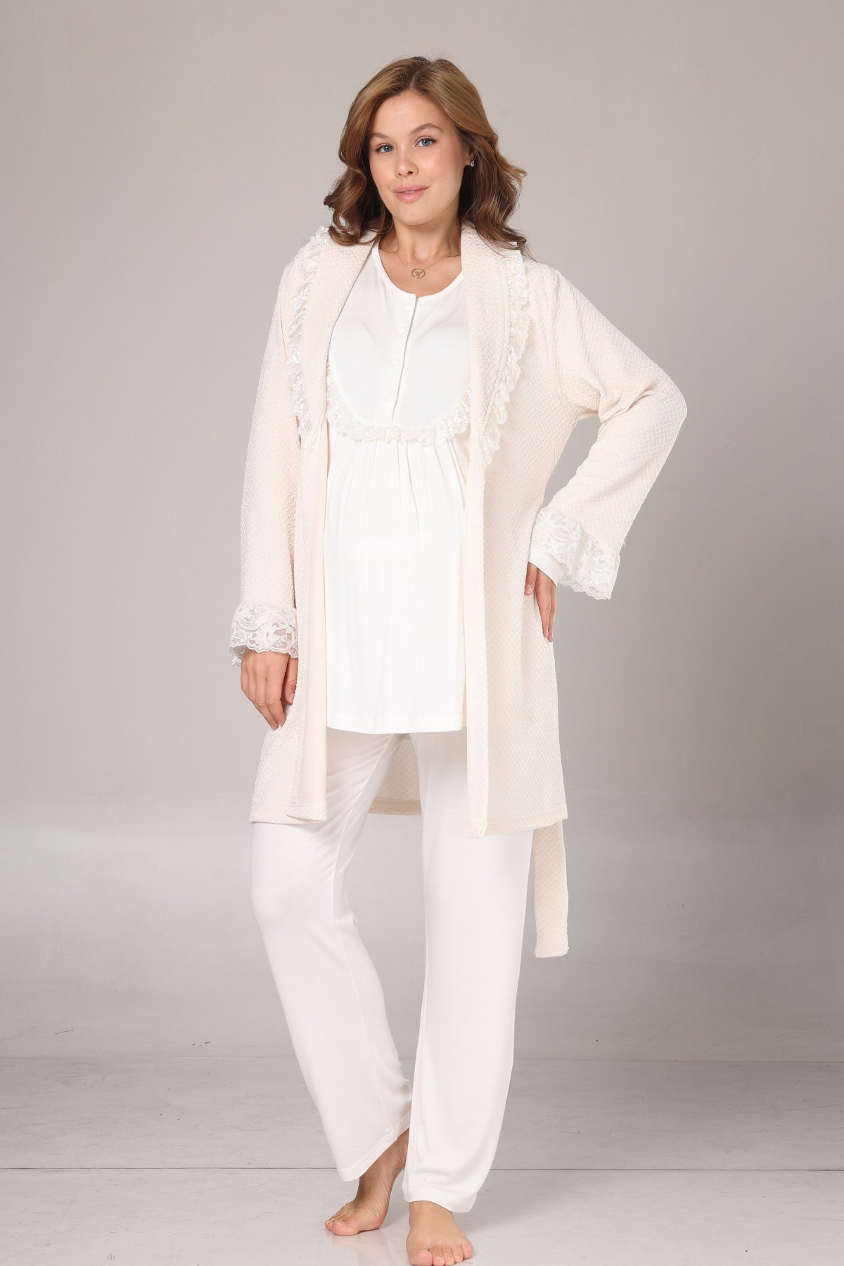 Lace Detailed 3-Piece Maternity-Nursing Pajama & Jacquard Robe Set Ecru - 1010