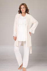 Lace Detailed 3-Piece Maternity-Nursing Pajama & Jacquard Robe Set Ecru - 1010