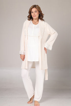 Lace Detailed 3-Piece Maternity-Nursing Pajama & Jacquard Robe Set Ecru - 1010