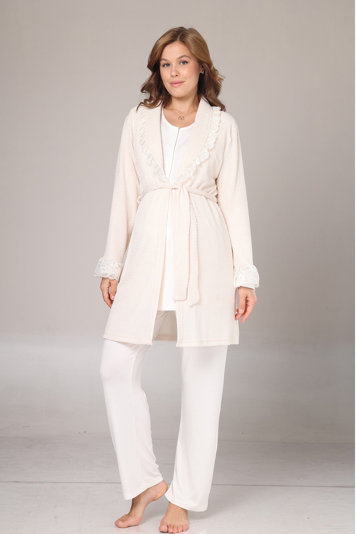 Lace Detailed 3-Piece Maternity-Nursing Pajama & Jacquard Robe Set Ecru - 1010